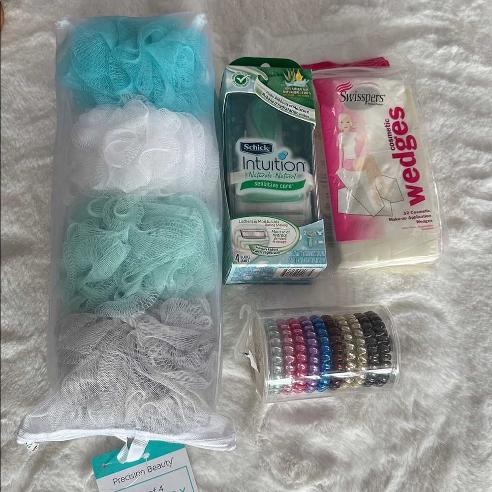Bundle - Mesh Sponges, Hair Ties, Schick Intuition Razor & Cosmetic Wedges